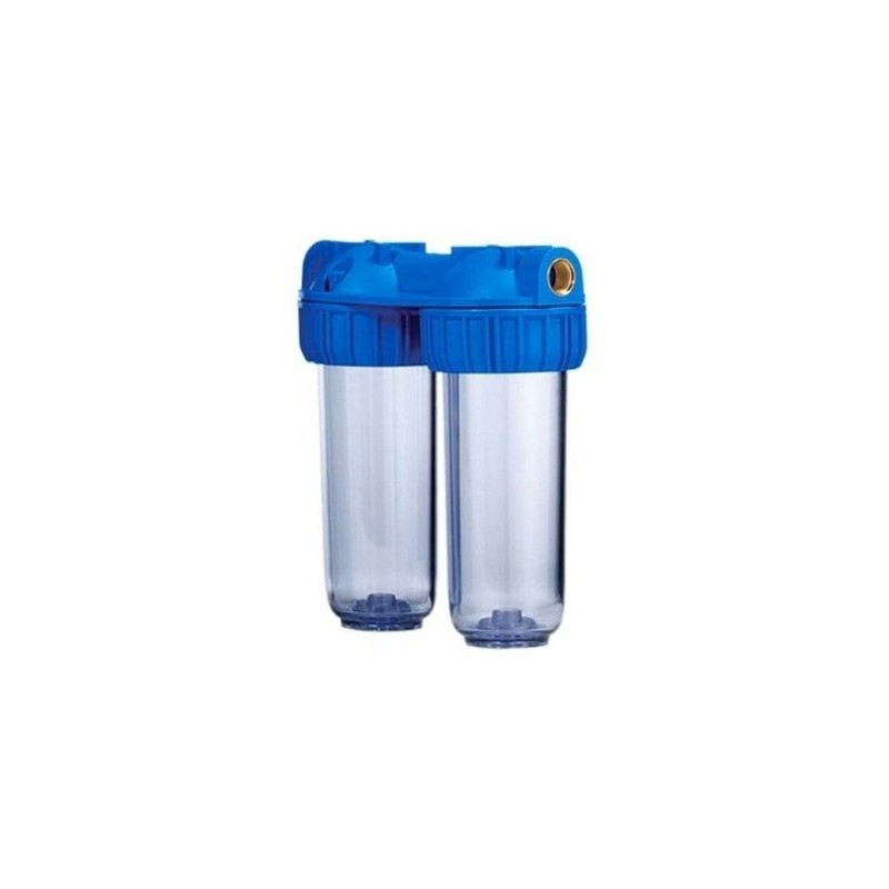 Recipiente duplo para filtros de 10", conexão em latão reforçado. Pressão máxima de 6 bar. Temperatura de 4 a 45 °C.