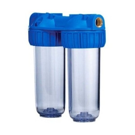 Recipiente duplo para filtros de 10", conexão em latão reforçado. Pressão máxima de 6 bar. Temperatura de 4 a 45 °C.