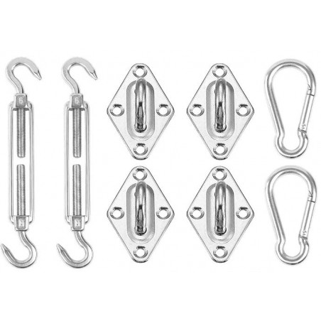 Accessori di installazione per vele ombreggianti rettangolari o triangolari. Include: 4 supporti a parete, 2 moschettoni e 2 ten