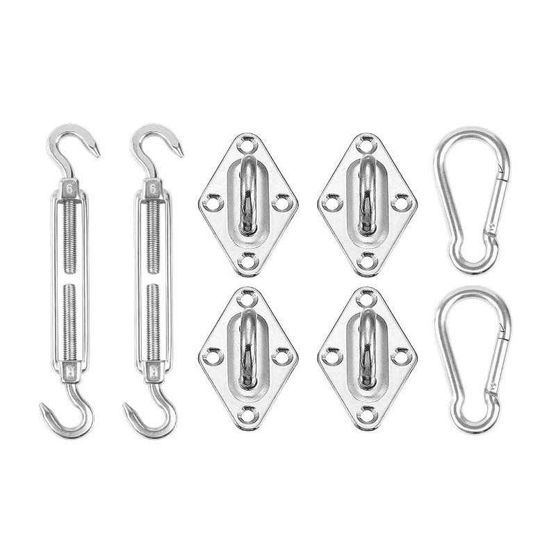 Montagezubehör für rechteckige oder dreieckige Sonnensegel. Lieferumfang: 4 Wandhalterungen, 2 Karabiner und 2 Spanner.