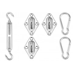 Accessori per l'installazione della vela ombreggiante triangolare. Include: 3 supporti a parete, 2 moschettoni e 1 tenditore.