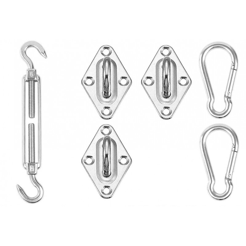 Zubehör zur Installation von dreieckigen Sonnensegeln. Enthält: 3 Wandhalterungen, 2 Karabiner und 1 Spannschloss.