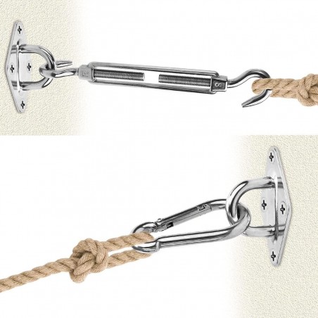 Zubehör zur Installation von dreieckigen Sonnensegeln. Enthält: 3 Wandhalterungen, 2 Karabiner und 1 Spannschloss.