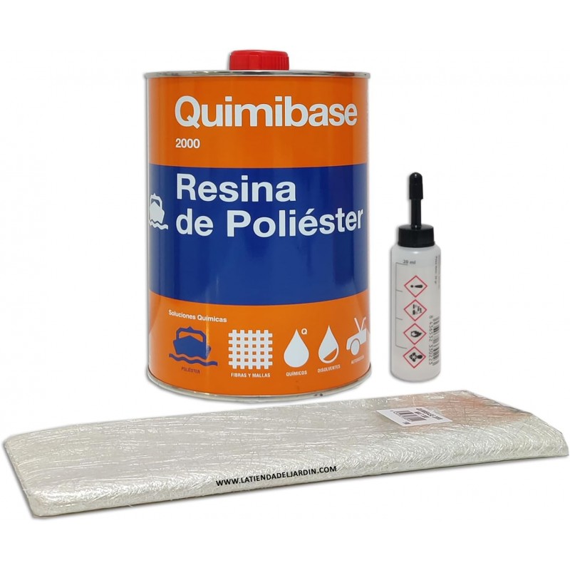 Kit de réparation en Résine Polyester 1 kg (Résine 750 g + Tissu en fibre de verre 1 m2 Mat-300 + Catalyseur de peroxyde 20 g)