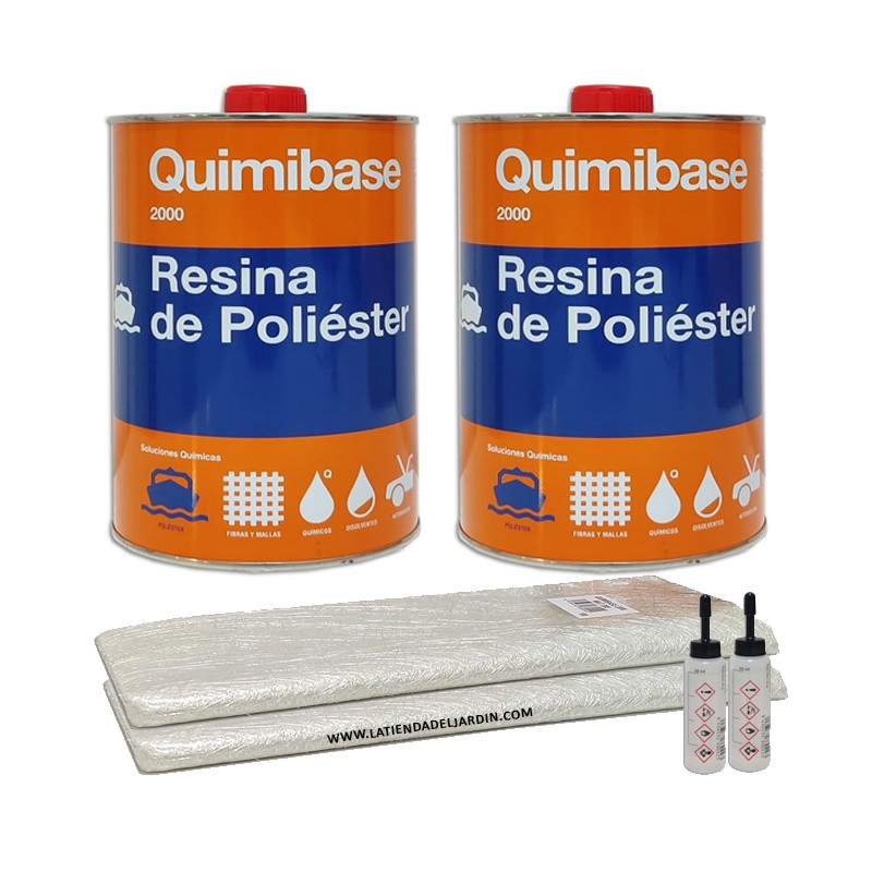 Kit Résine de polyester 2kg pour réparations + couverture fibre de verre Mat-300 2m2 + catalyseur peroxyde