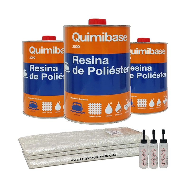 Kit Résine de polyester 3kg pour réparations + couverture fibre de verre Mat-300 2m2 + catalyseur peroxyde