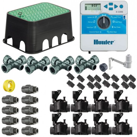 Kit de irrigação automática Hunter 24V com 8 zonas para tubulação de 32 mm | Inclui programador, válvulas solenoides e acessório