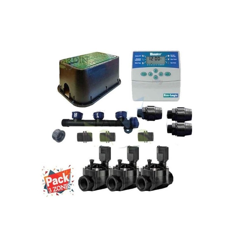 Kit Arrosage Automatique 3 zones pour irrigation pour programmateur électrique. Controlateur Hunter ELC401 + Electrovanne 100HV