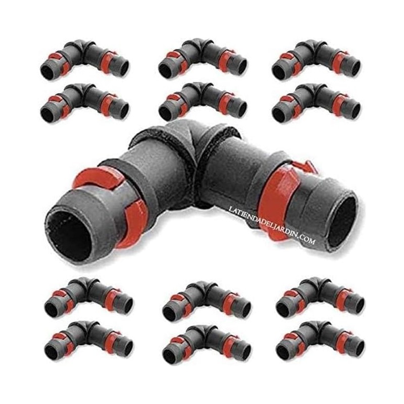 16-MM-TROPFWINKEL mit SICHERHEITSRING. Packung mit 25 Stück. Verbindung für Tropfrohr mit 16 mm Durchmesser. Farbe: Schwarz.