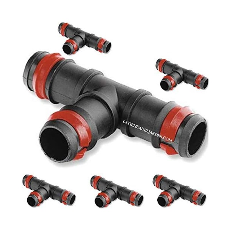 Lot de 50 Té d'irrigation goutte à goutte de 16 mm avec anneau de sécurité. Union pour tube goutte à goutte 16 mm, noir Lot de 50 Té d'irrigation goutte à goutte de 16 mm avec anneau de sécurité. Union pour tube goutte à goutte 16 mm, noir