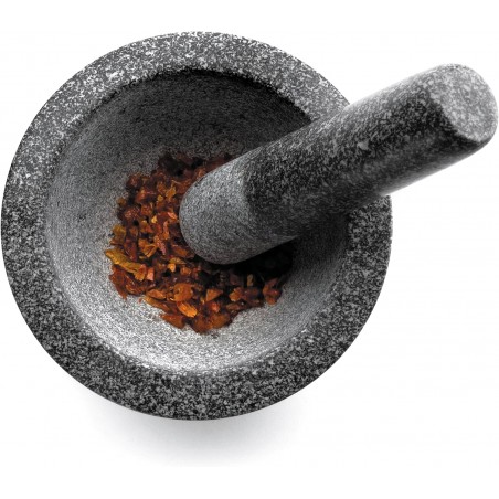 Mortar with a sturdy granite pestle, grey colour, measures 14 x 10 cm