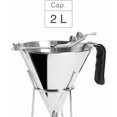 Entonnoir doseur en acier inoxydable 18/10 avec système de levier pour un débit réglable, 2,00 L, dimensions 25,6 x 24,9 x 20,4 