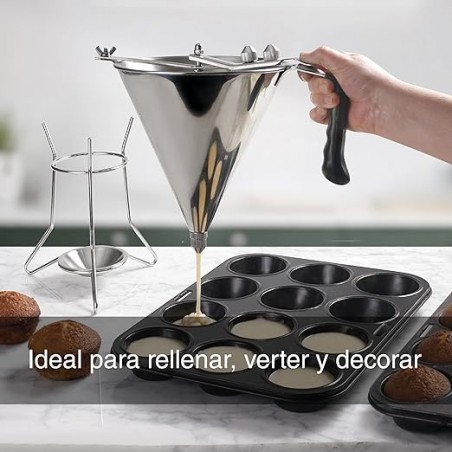 Entonnoir doseur en acier inoxydable 18/10 avec système de levier pour un débit réglable, 2,00 L, dimensions 25,6 x 24,9 x 20,4 
