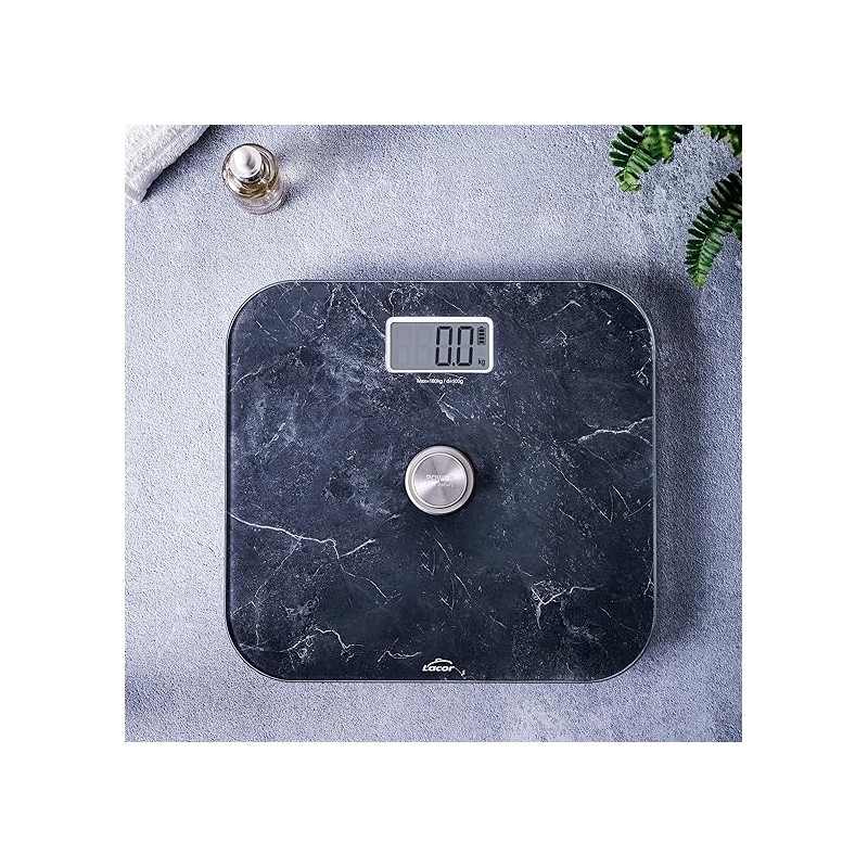 Bathroom scale with ecomove and marble effect, 5mm tempered extra-flat glass, LCD screen, 31x29x5cm