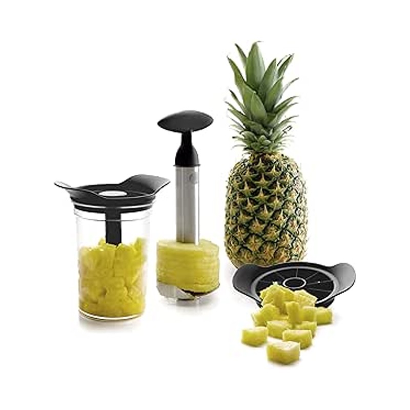 Coupe-ananas et éplucheur avec pot, Comprend un récipient en plastique sans BPA, Passe au lave-vaisselle, Diamètre : 9 cm Coupe-ananas et éplucheur avec pot, Comprend un récipient en plastique sans BPA, Passe au lave-vaisselle, Diamètre : 9 cm