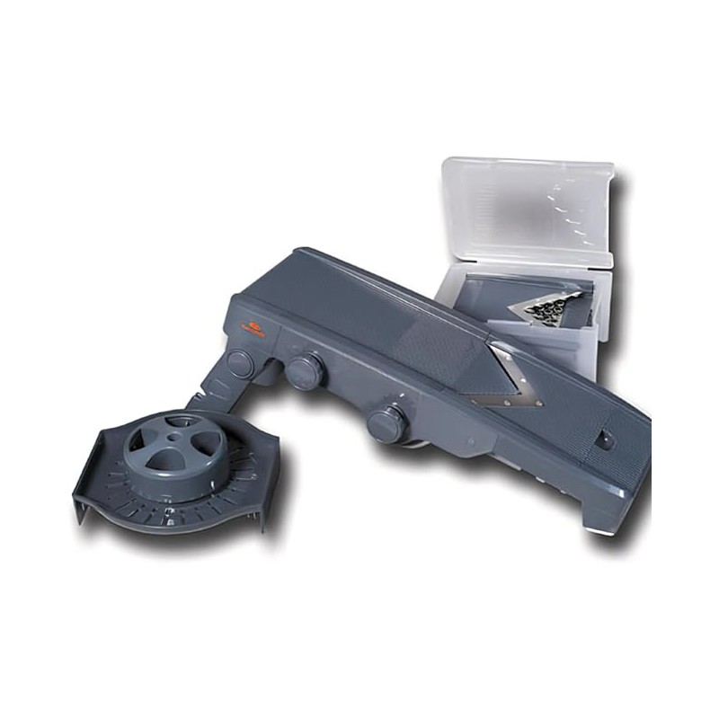 V-cut mandolin with 5 blades and juicer included, Gray color, Measures 34.29 x 15.49 x 12.7 cm