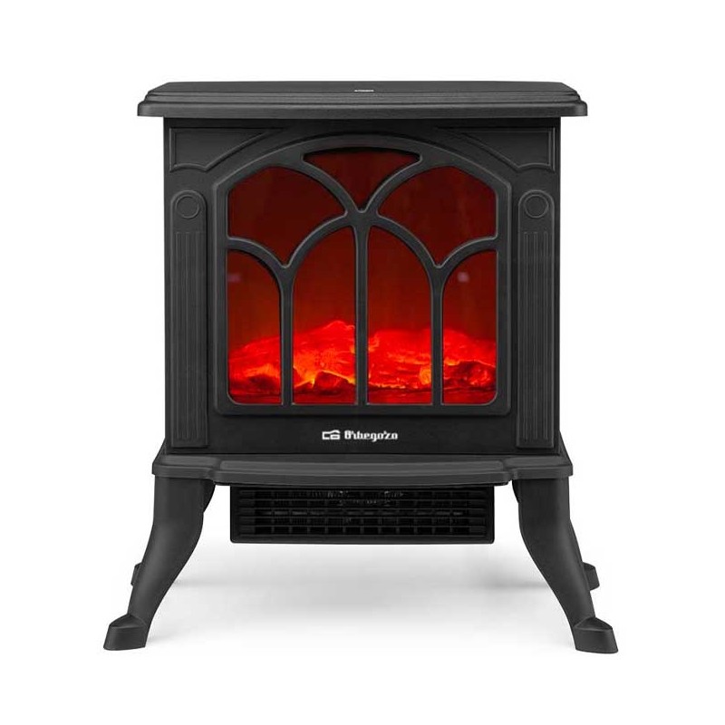 Orbegozo Black 1500W electric fireplace with real fire effect. Orbegozo Black 1500W electric fireplace with real fire effect.