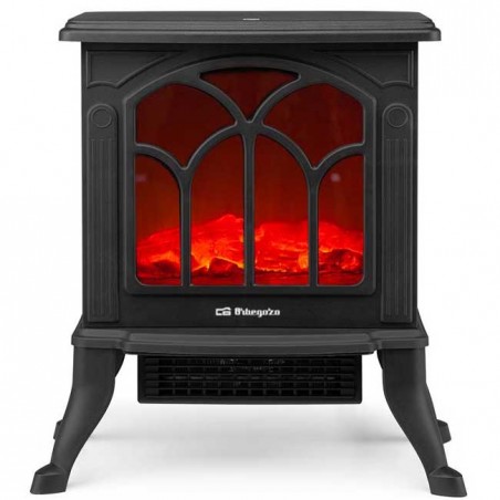 Orbegozo Black 1500W electric fireplace with real fire effect.