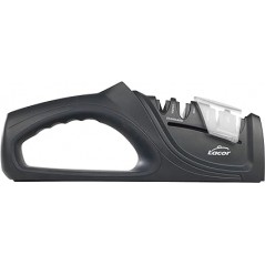 Dual Knife Sharpener, made of black plastic, Measures 21.5x4.5x9 cm