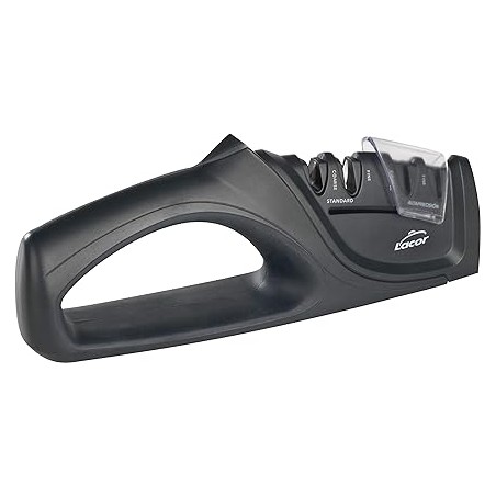 Dual Knife Sharpener, made of black plastic, Measures 21.5x4.5x9 cm