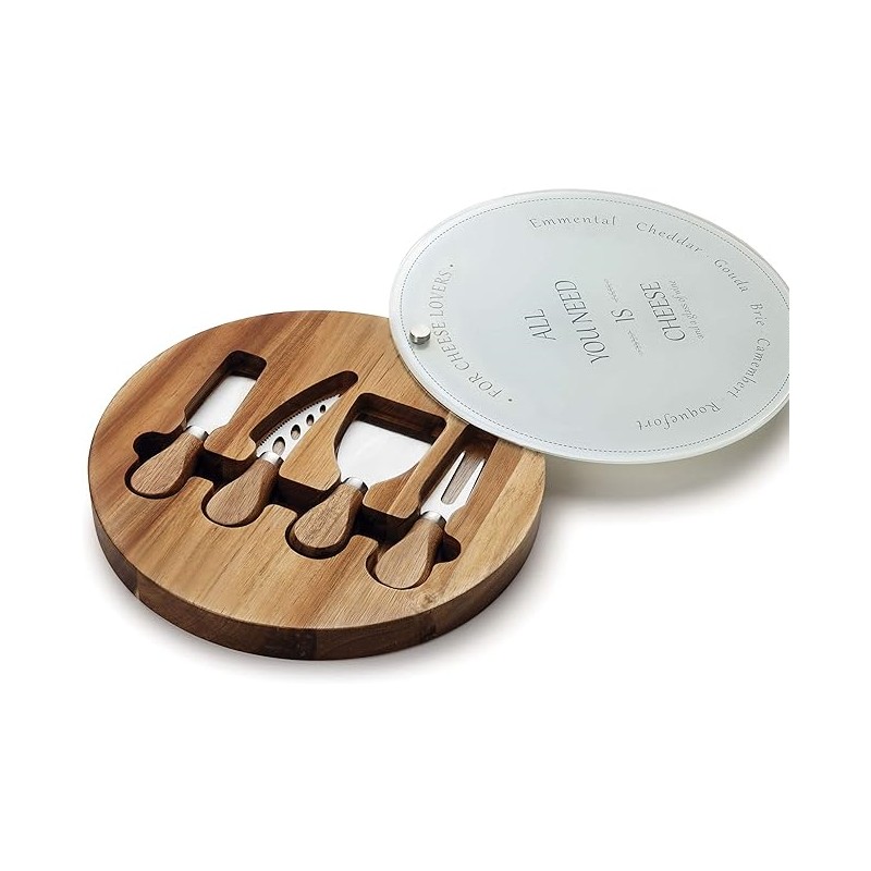 Conjunto de facas para queijo feito de madeira de acácia resistente, incluindo um suporte de vidro com diâmetro de 25 cm.