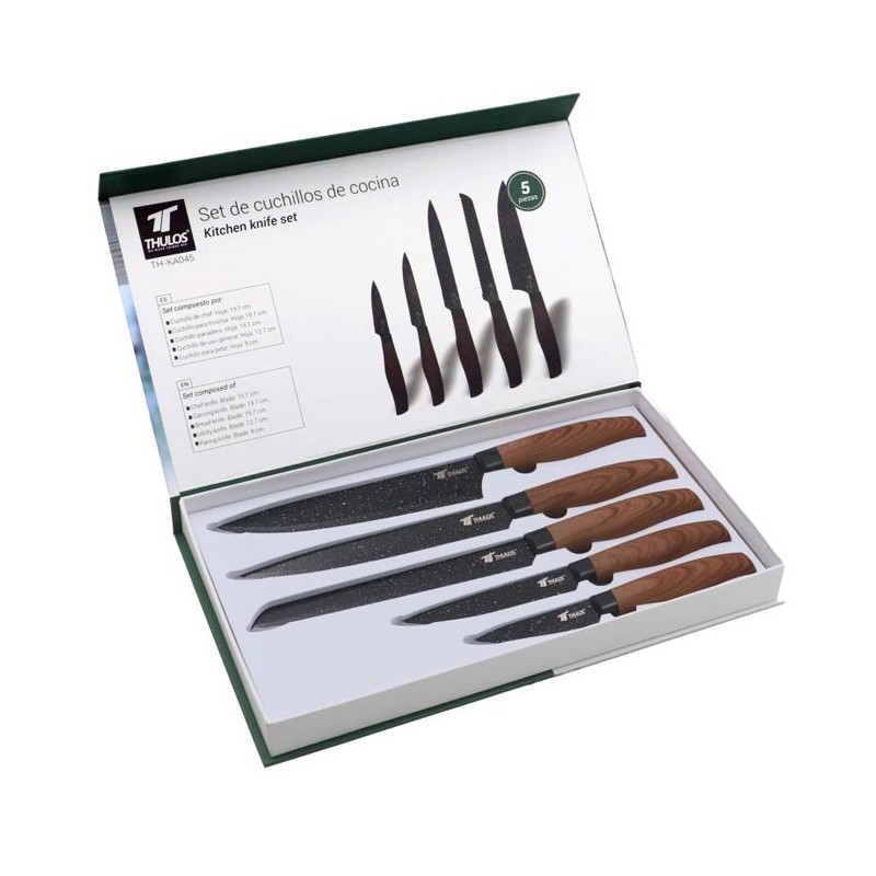 Conjunto Thulos de 5 facas com lâmina antiaderente de aço inoxidável.