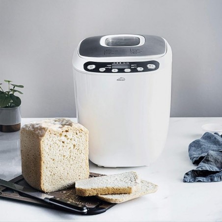 Machine à pain automatique sans PFOA, 12 programmes et spécial sans gluten, écran LCD, livre de recettes inclus, 550 W, blanc