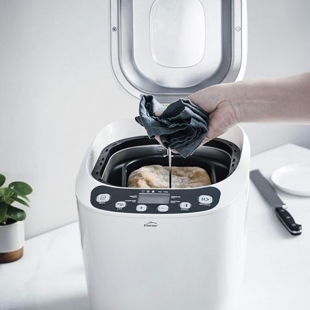 Machine à pain automatique sans PFOA, 12 programmes et spécial sans gluten, écran LCD, livre de recettes inclus, 550 W, blanc