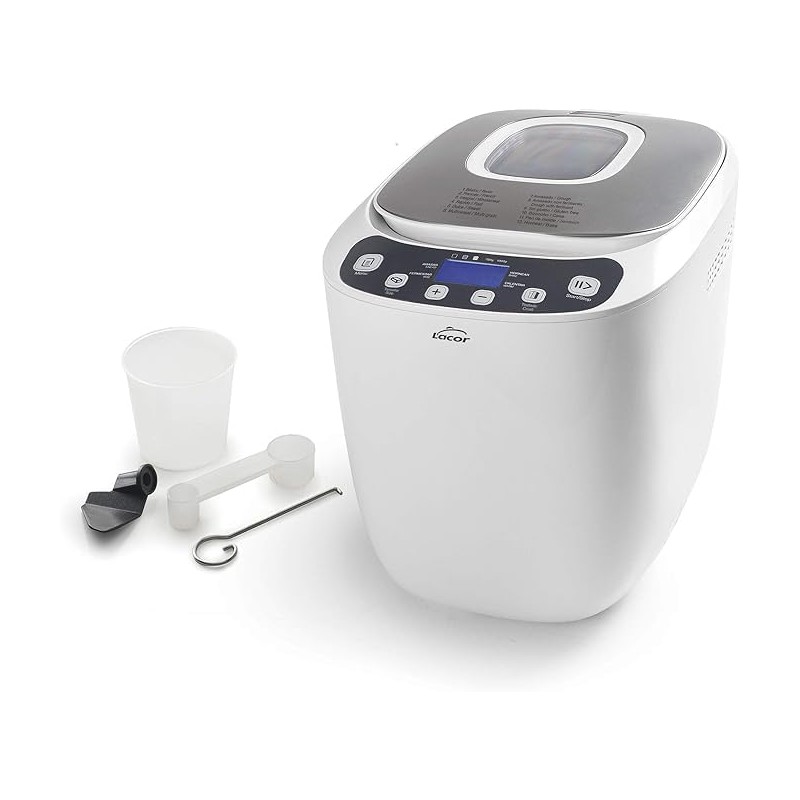 Machine à pain automatique sans PFOA, 12 programmes et spécial sans gluten, écran LCD, livre de recettes inclus, 550 W, blanc