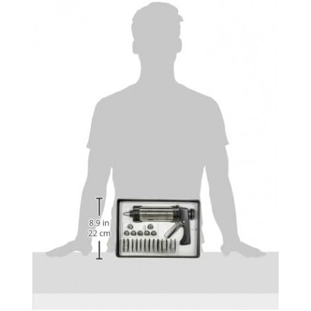 Juego de pistola para reposteria, contiene 13 discos y 8 boquillas con diferentes dibujos, fabricado en acero inoxidable