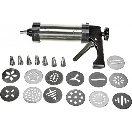 Gebäckpistolen-Set, bestehend aus 13 Scheiben und 8 Tüllen mit unterschiedlichen Motiven, aus Edelstahl
