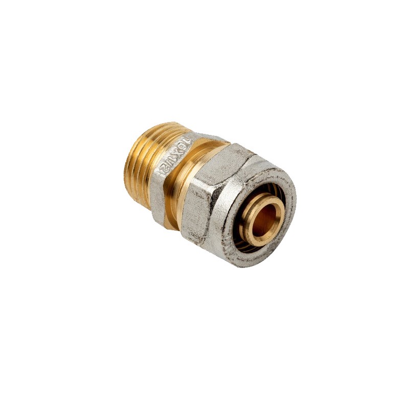 1/2" male connector for 16 mm multilayer compression pipe, no crimping required, grey.