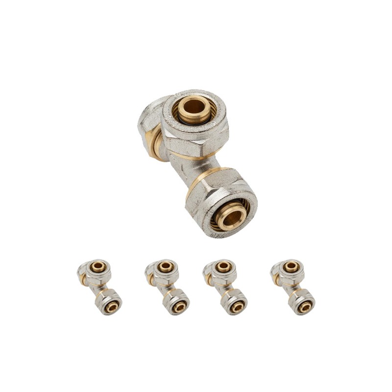 Confezione da 5 raccordi a T per tubo multistrato a compressione da 16 mm, non necessita di pressa, colore grigio.