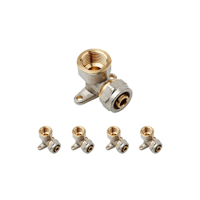 Lot de 5 Coude avec support 1/2'' pour tube de compression multicouche 16 mm, sans machine à sertir, gris Lot de 5 Coude avec support 1/2'' pour tube de compression multicouche 16 mm, sans machine à sertir, gris