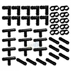Tropfbewässerungset 16 mm: 10 T-Stücke, 10 Winkelstücke, 10 Verbindungen und 10 Reduzierungen