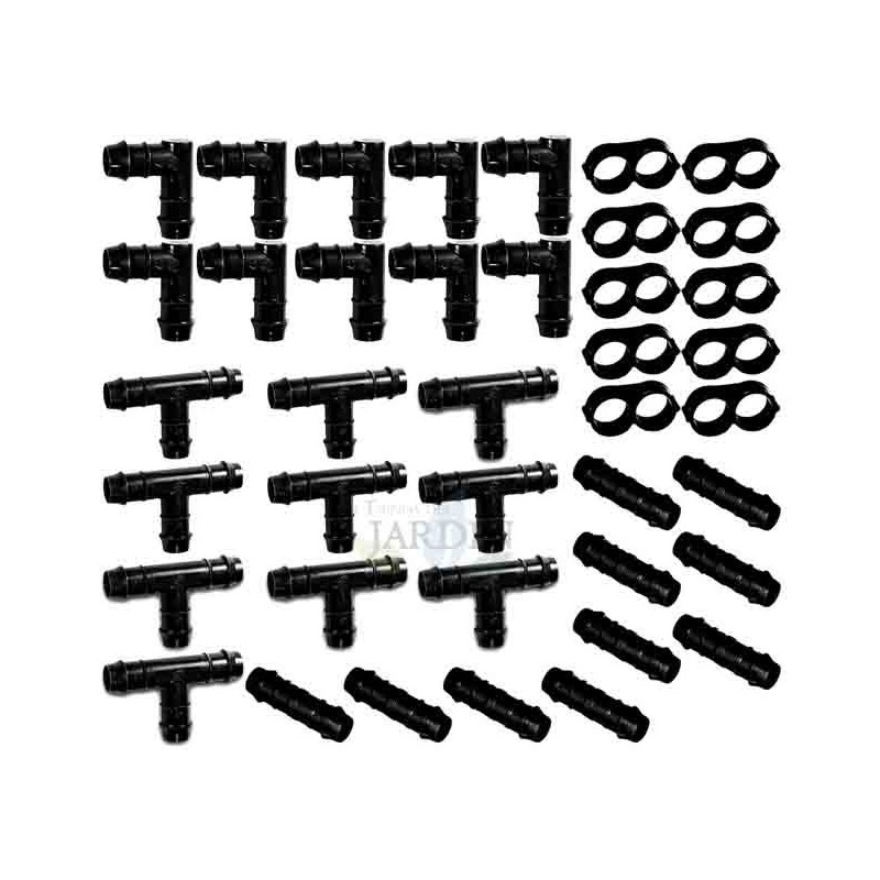 Pack 40 piezas riego por goteo 16mm: 10 tes, 10 codos, 10 enlaces y 10 estranguladores