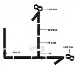 Pack Accesorios para Tuberia Riego por Goteo 16 mm negro: 10 Te + 10 Codo + 10 Enlace + 10 Estrangulador