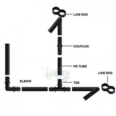 Pack 40 piezas riego por goteo 16mm: 10 tes, 10 codos, 10 enlaces y 10 estranguladores