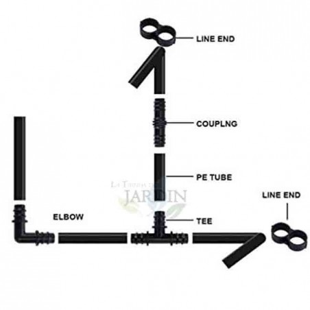 Pack riego por goteo 16mm: 10 tes, 10 codos, 10 enlaces y 10 estranguladores