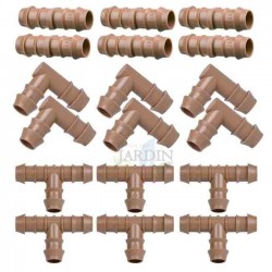 16 mm Tropfbewässerungspaket: 6 T-Stücke + 6 Winkelstücke + 6 Anschlüsse. Farbe: Braun