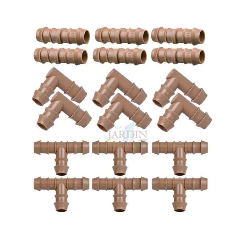 Pack Accesorios para Tuberia Riego por Goteo 16 mm marrón: 6 Te + 6 Codo + 6 Enlace Pack Accesorios para Tuberia Riego por Goteo 16 mm marrón: 6 Te + 6 Codo + 6 Enlace