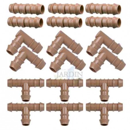 Pacote de acessórios para tubos de irrigação por gotejamento 16 mm marrom: 6 Tees + 6 Cotovelos + 6 Elos