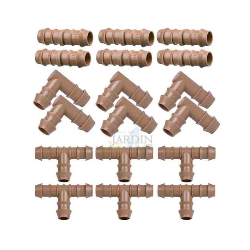 Confezione per irrigazione a goccia da 16 mm: 6 raccordi a T + 6 gomiti + 6 connessioni. Colore marrone