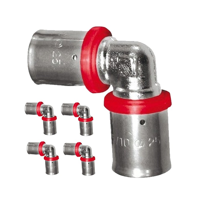 5 x Codo para Tubo multicapa 25 mm, uso con maquina prensadora, gris