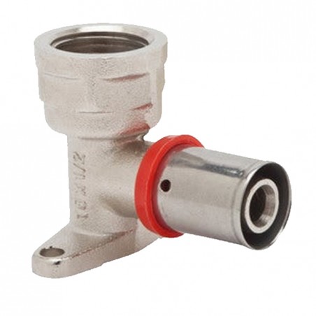 Coude femelle avec support pour tube multicouche 16 mm utilisation avec sertisseuse, gris.