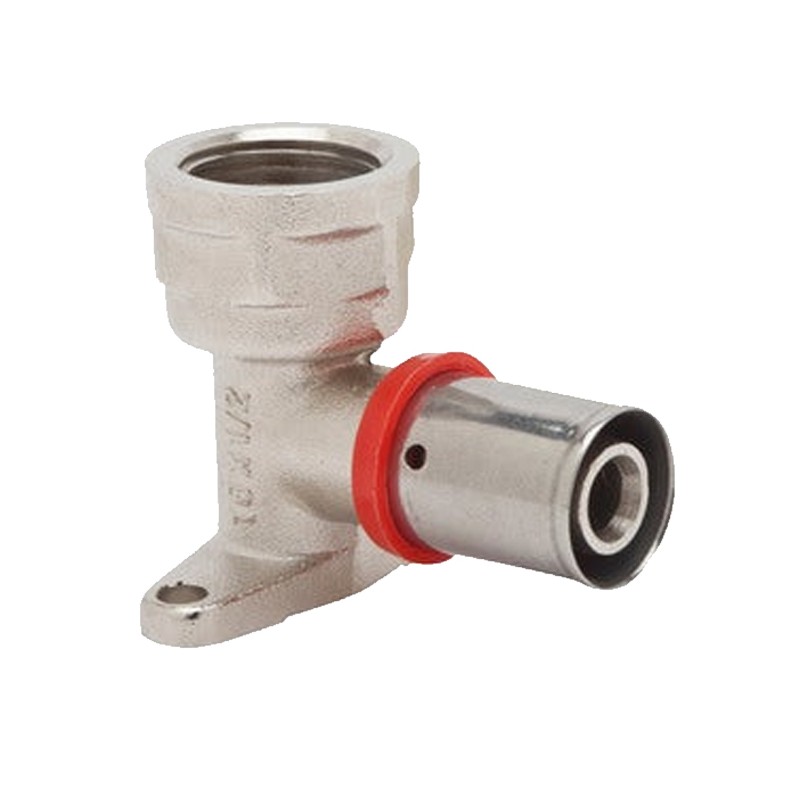 Gomito femmina con supporto per tubo multistrato da 16 mm utilizzabile con macchina crimpatrice, colore grigio.