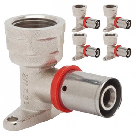 Pack 5 x Codo hembra con soporte para Tubo multicapa 16 mm uso con máquina prensadora, gris.