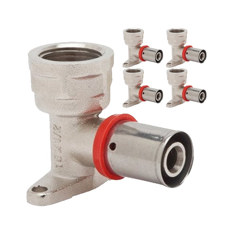 Pack 5 x Codo hembra con soporte para Tubo multicapa 16 mm uso con máquina prensadora, gris.