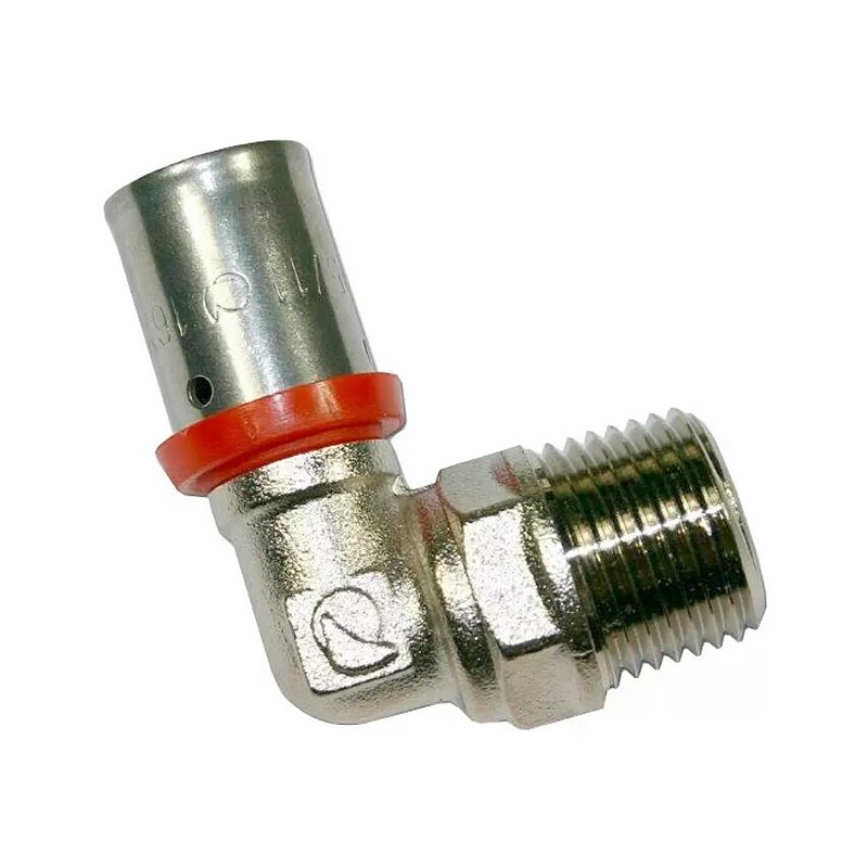 Codo macho 1/2" para Tubo multicapa 16 mm, uso con máquina prensadora, gris