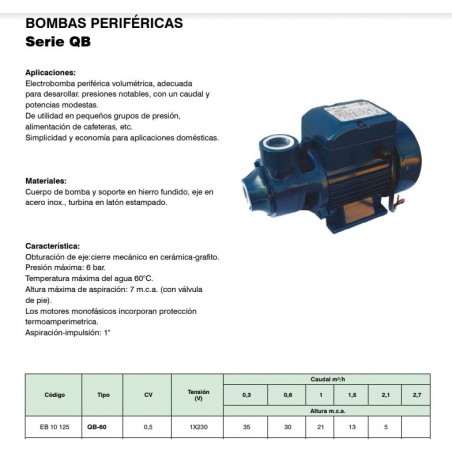 Bomba de água periférica monofásica WB-60 0,5 HP